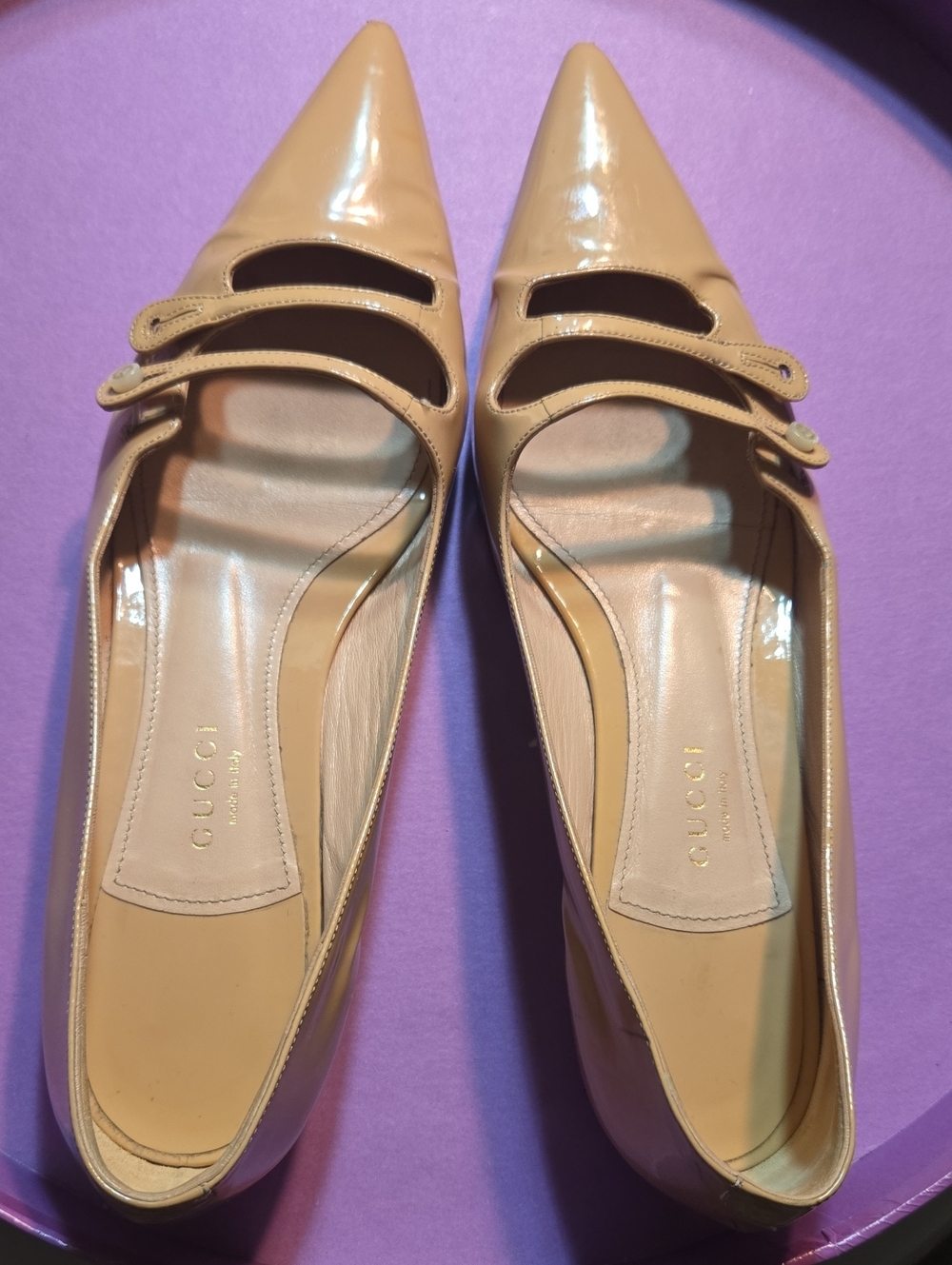 Gucci Nude Patent Leather Pointed Mary Jane Flats